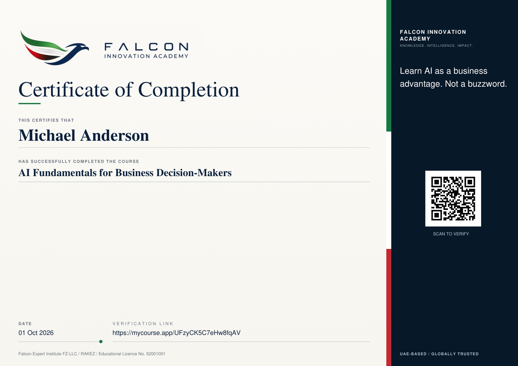 Certificate of Completion — Falcon Innovation Academy sample